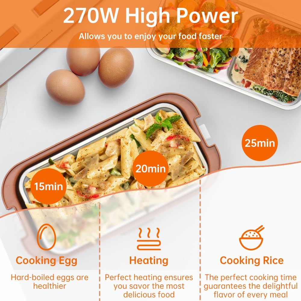 Brown Electric Lunch Box Food Heater, 270W 304 Stainless Steel, 1000mL Capacity for Adults/Work