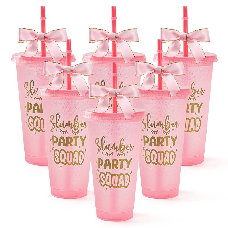 Yicentdp 6 Set Slumber Party Plastic Cups with Lid Straw and Twist Bow 24 oz Sleepover Tumblers Reusable Cups for Birthday Slumber Spa Party Supplies