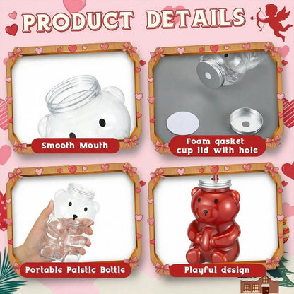 Baderke 15 Set Valentine Bear Plastic Bottles with Straws Set Including 17 oz Cute Teddy Bear Cups Reusable Drink Cup Empty Bottles Straws and Caps for Valentine Party Milk Juicing Drinking