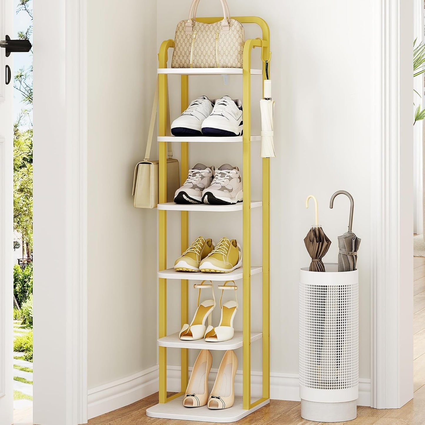 6 2 SR04213A Hzuaneri Tiers Vertical Shoe Rack, Narrow Shoe Tower, Tall Shoes Shelf with Hooks, Adjustable Shelves