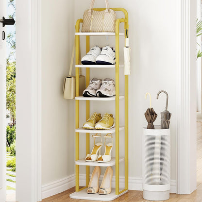 6 2 SR04213A Hzuaneri Tiers Vertical Shoe Rack, Narrow Shoe Tower, Tall Shoes Shelf with Hooks, Adjustable Shelves