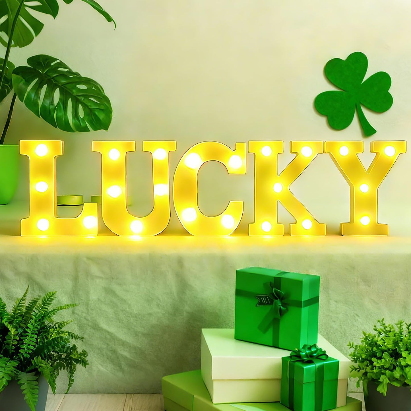 5 PCS Lucky Marquee Light Up Letters St Patricks Day Lucky LED Letter Number Light Sign Centerpieces for Home Table Decor St. Patrick's Day Decoration Saint Patty's Party Night Lamp Banquet Props