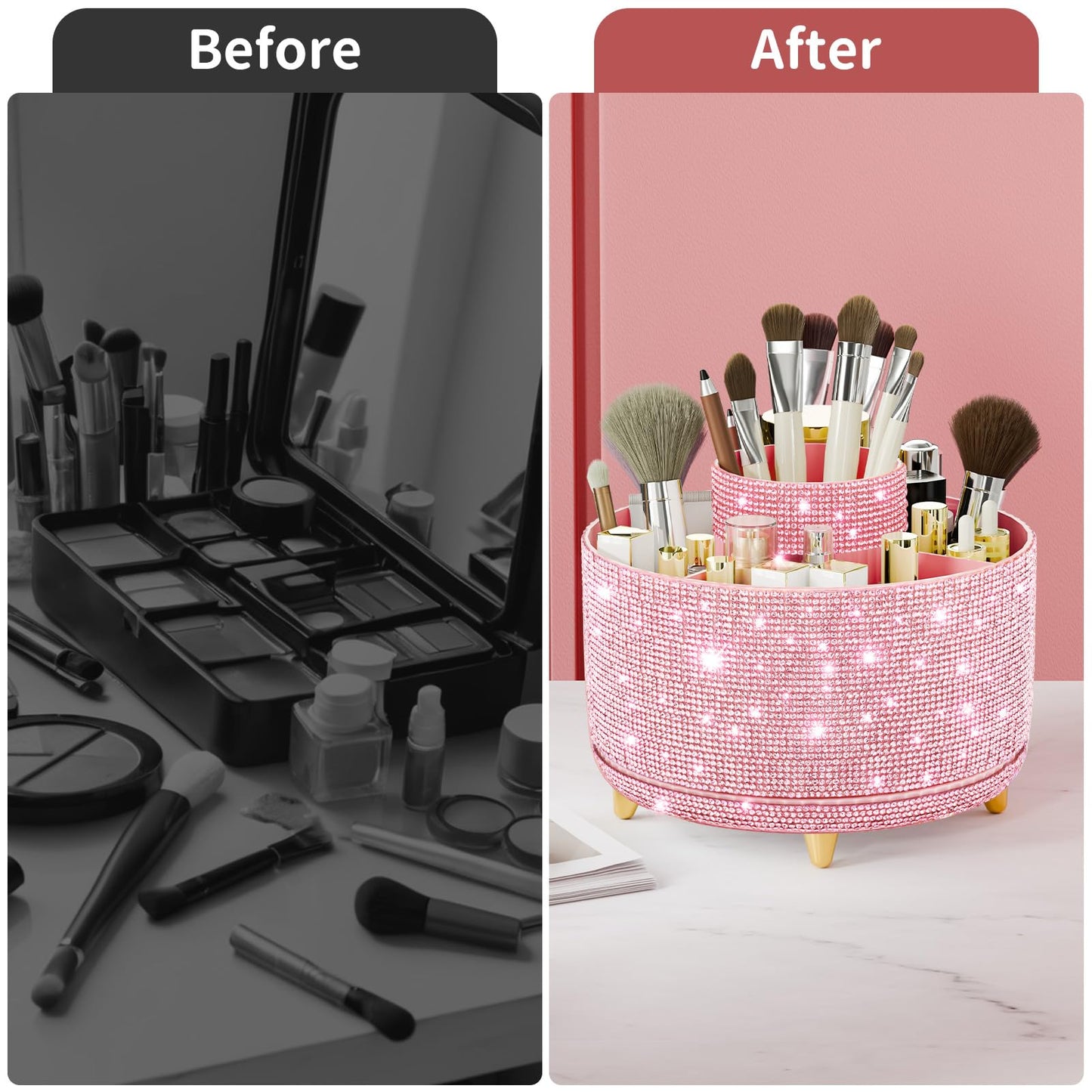 fanado Bling Diamond Makeup Brush Holder, 360° Rotating Makeup Organizer, 5 Slot Make up Brushes Cup for Countertop, Storage for Cosmetics Pen Eyeliner Skincare on the Vanity (Diamond Pink)