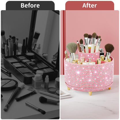 fanado Bling Diamond Makeup Brush Holder, 360° Rotating Makeup Organizer, 5 Slot Make up Brushes Cup for Countertop, Storage for Cosmetics Pen Eyeliner Skincare on the Vanity (Diamond Pink)