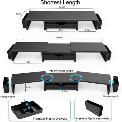 gianotter Dual Monitor Stand Riser, Desk Organizer With Drawer and 2 Pen Holders, Computer Monitor Stand, Desk Shelf for Top of Desk (Black)