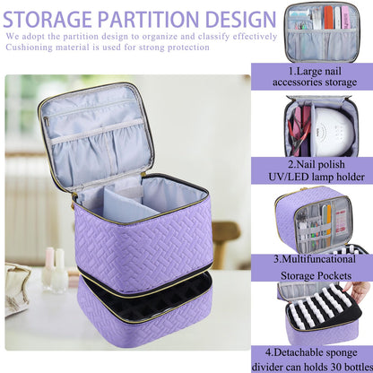 RZMAYIS Nail Polish Organizer, Nail Polish Storage Holds 30 Bottles & Nail Lamp, Double Layer Nail Bag Organizer Case, Portable Nail Polish Holder for Nail Tech Travel & Manicure Kit
