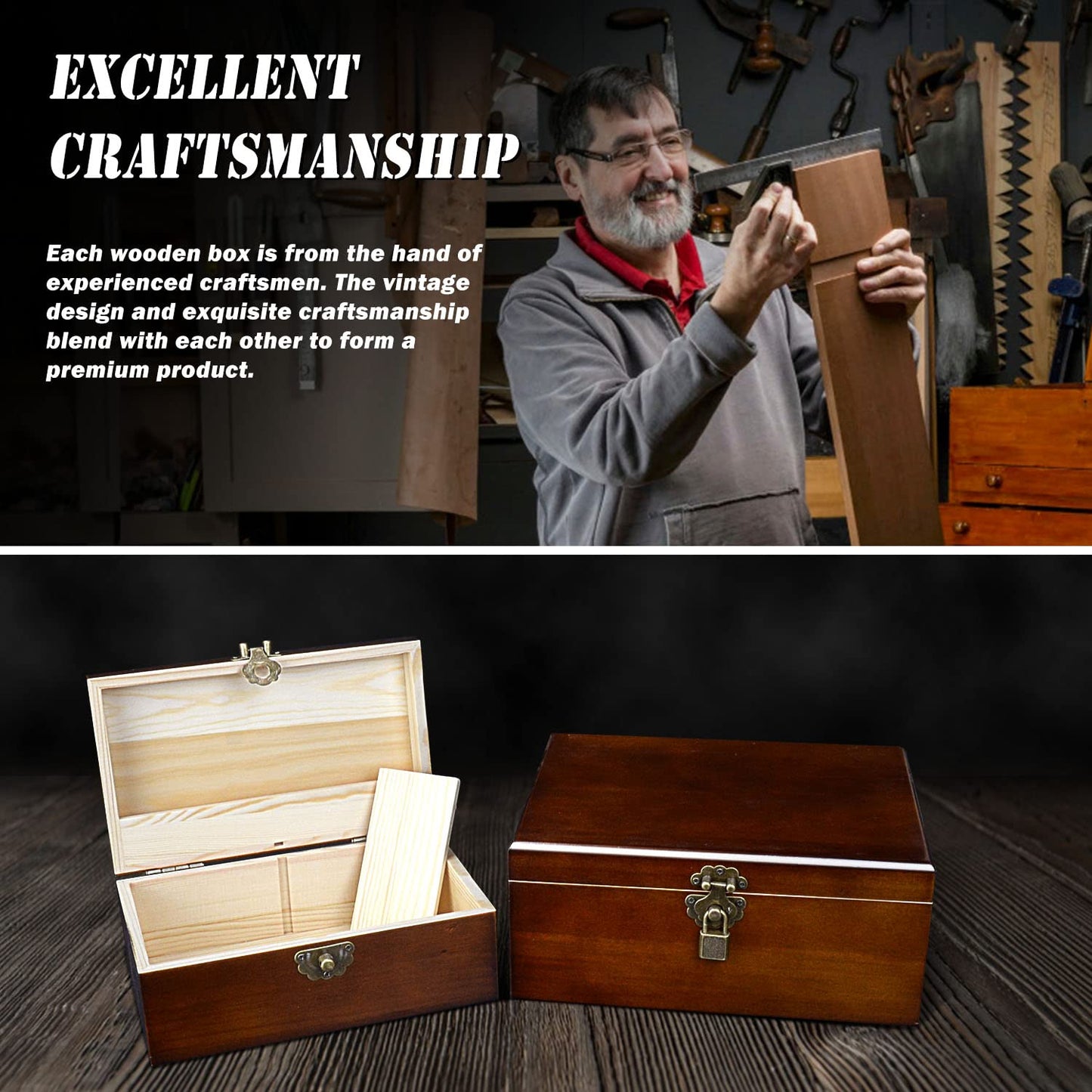 Set of 2 Wooden Storage Boxes Container with Hinged Lid, Large Wood Craft Keepsake Decorative Box with Lock and Key, Small Chest Memory Gift Box for Jewelry Christmas Wedding Travel Trinket Treasure