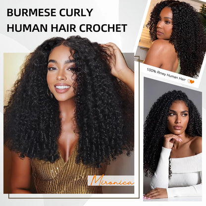 Burmese Curly Human Hair Crochet Bundles 20 Inch 60g Knotless Pre-Separated Feather Crochet Human Hair 3c4a Water Curly Hair Reusable Hair Extensions for Women Natural Black Color (1B-60G, 20 Inch)
