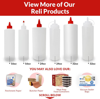24 oz. 10 Pack 24 Reli. Plastic Squeeze Bottles, | | Condiment Squeeze Bottles for Sauces | Clear w/Tethered Caps |
