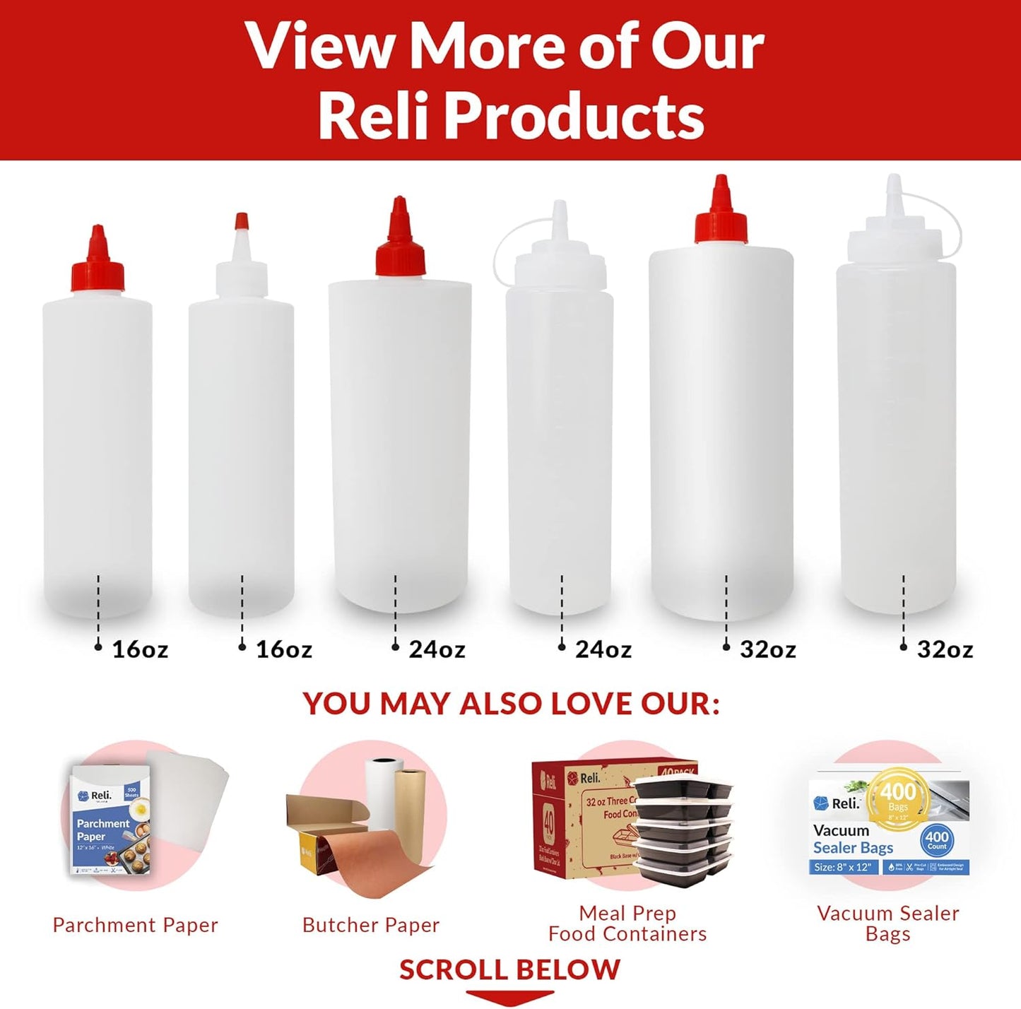 16 oz. 10 Pack 16 Reli. Plastic Squeeze Bottles, | | Condiment Squeeze Bottles for Sauces | Clear w/Red Tip Cap | Ounce