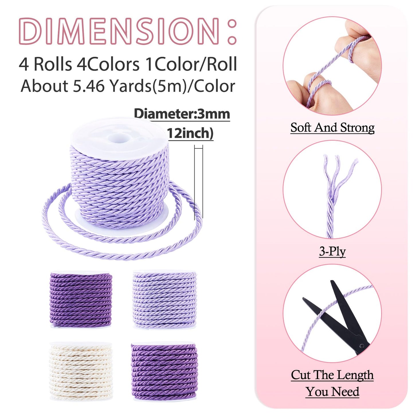 4 Rolls Braided Macrame Cords 3mm 5.4yards Twisted Trim Rope Polyester Twine Cord for Knitting Bag Wall Hangings Plant Hangers Handmade Macrame Supplies