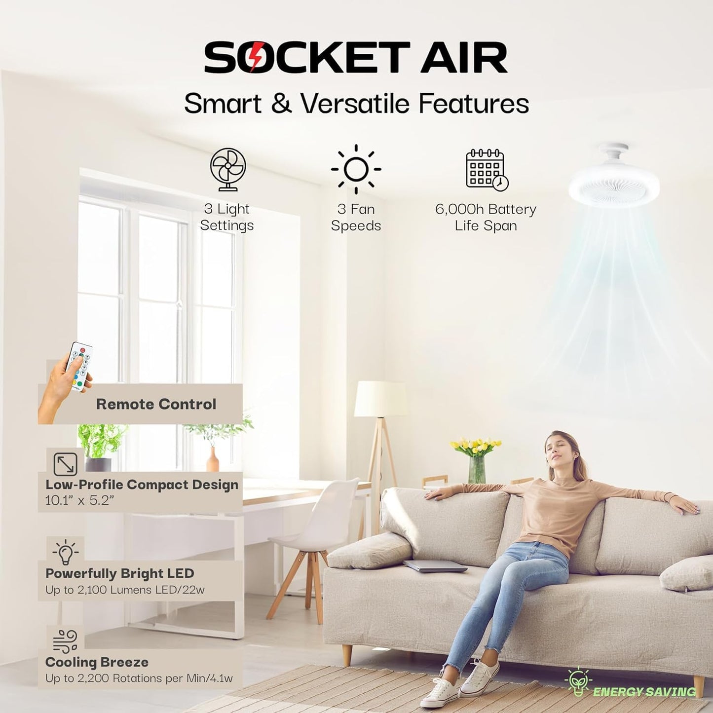 Bell+Howell SocketAir Wireless Ceiling Fan Light with Remote Control, Extender,110-120 Volt, 2100 Lumens, 3 Fan Speeds, 3 Light Settings, 6500K for Living, Dining, Working Space ASON TV