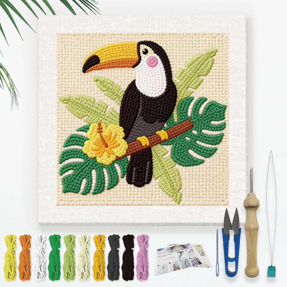 DOODLREAM Color Toucan Punch Needle Kit for Beginner, 9.4"x9.4" Plams Leaves Punch Stitching Craft Set, Bird DIY Embroidery Starter with Printed Frame, Instruction, Threader, Yarn, Pinch Needle
