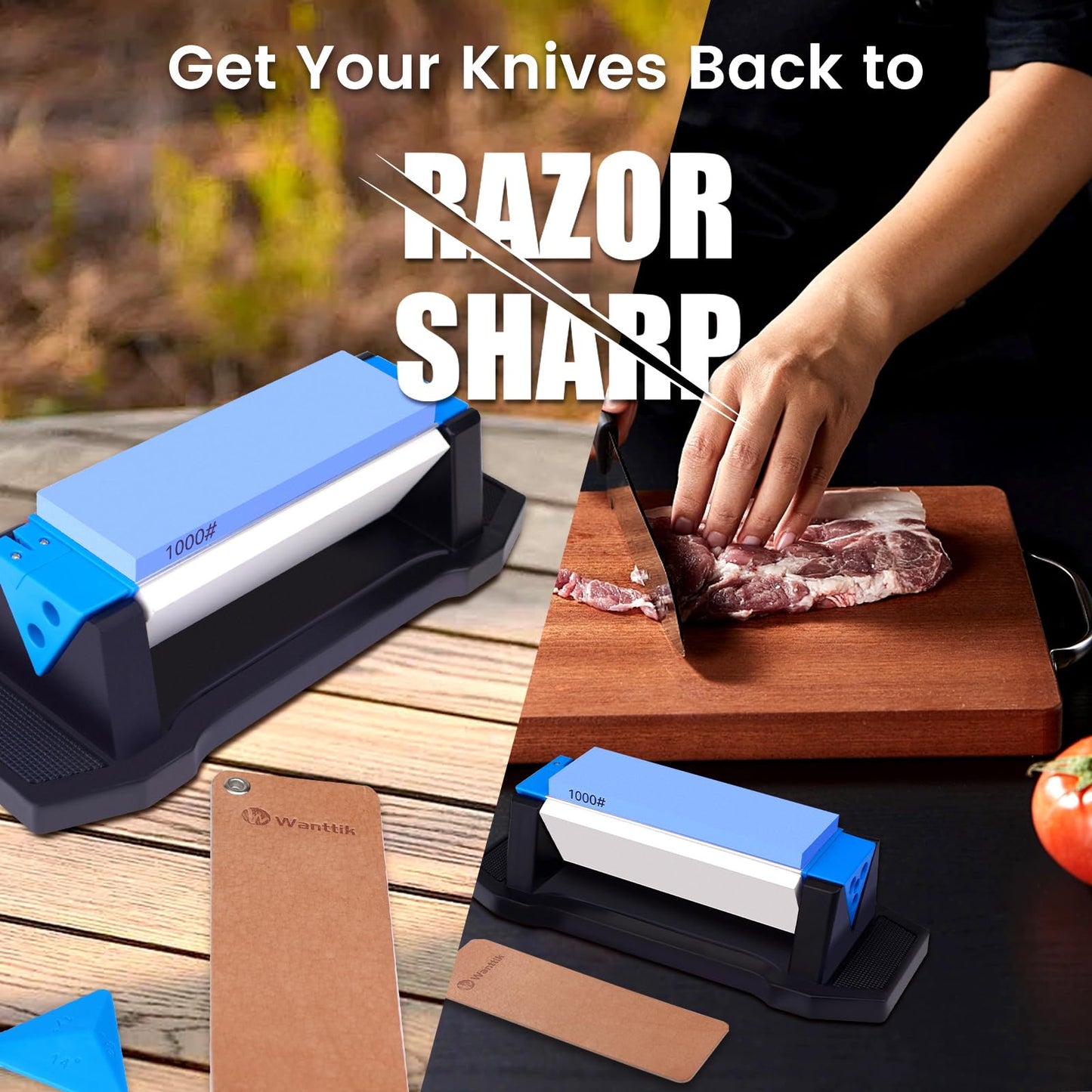 Whetstone Sharpening Stone Kit, Premium 3 Side Grit 400/1000/5000 Knife Sharpener for Sharp Blade, with Non-Slip Base, Angle Guide & Leather Strop