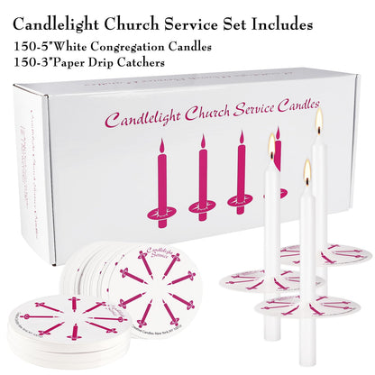 150 Packs Unscented White No Smoke ChurchCandles with Drip Protectors for Devotionalcandlelight Vigil Service.