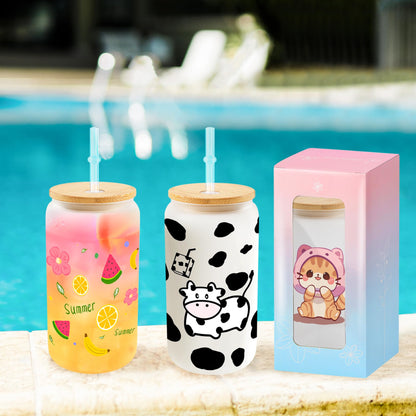 Joyclub 12 Pack Sublimation Blanks Bulk Frosted Glass Cups with Lids and Straws 16oz, Sublimation Glass Tumbler Beer Can Shaped Mugs for Iced Coffee Smoothie Soda Boba Tea DIY Gift Small Business