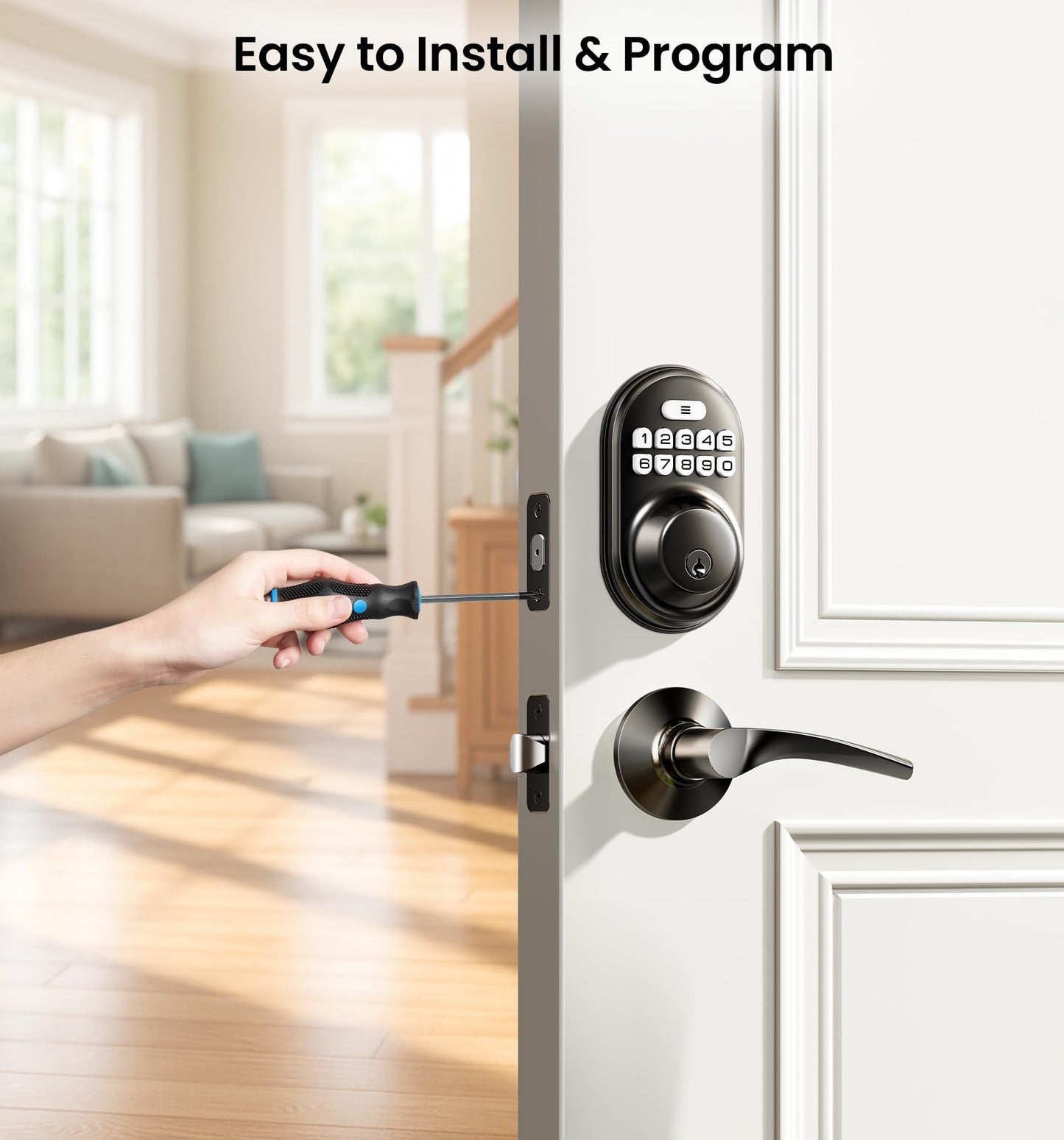Veise Keyless Entry Door Lock with 2 Lever Handles - Electronic Keypad Deadbolt, Auto Lock, Back Lit & Easy Installation Design, Front Door Handle Sets, Satin Nickel