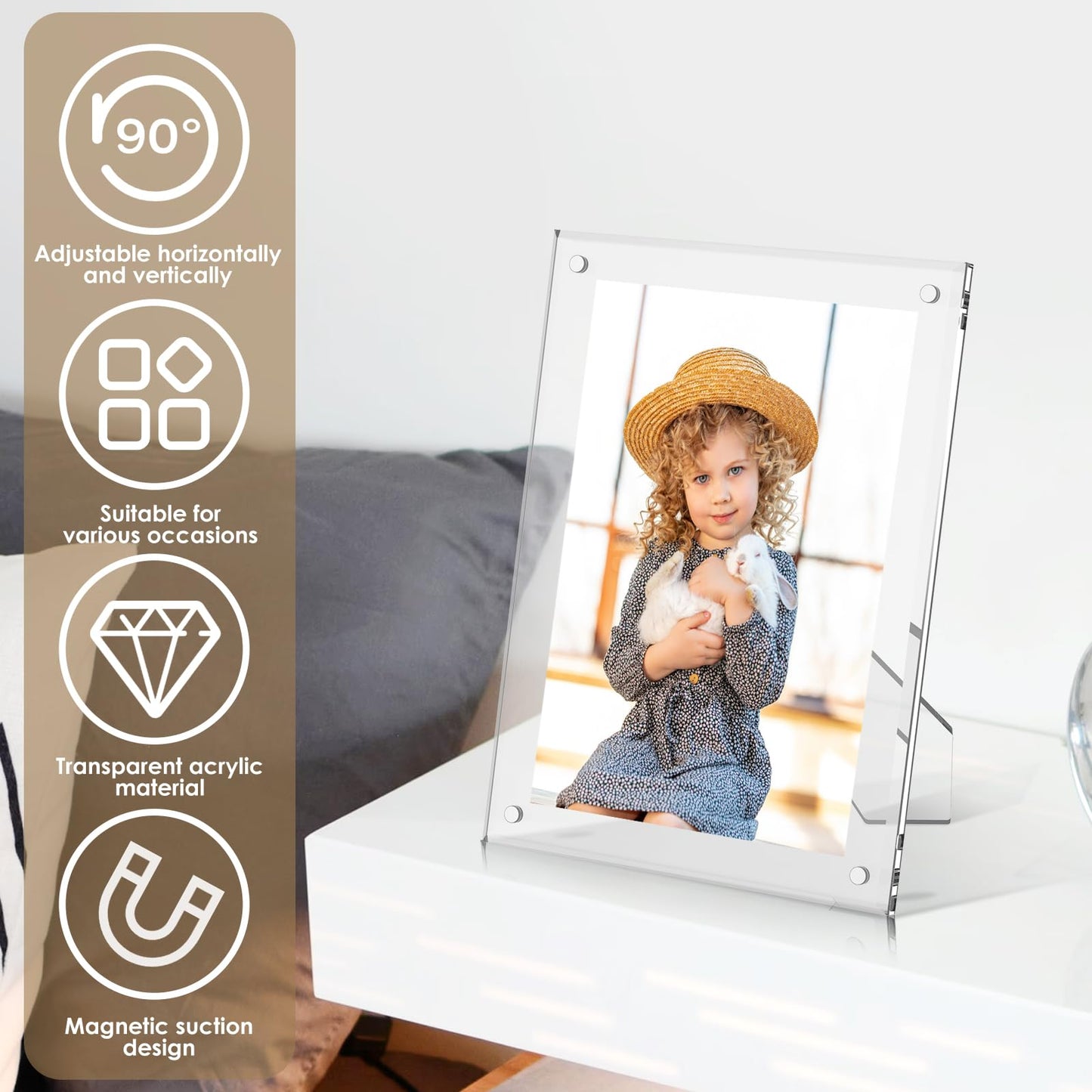 6x8 Inch Acrylic Magnetic Picture Frame,2 PackTransparent Floating Frameless Photo Frame with Easel Stand,Double Sided Tabletop Display Magnetic Acrylic Frame for Home Office Decor Wedding Birthday Gifts