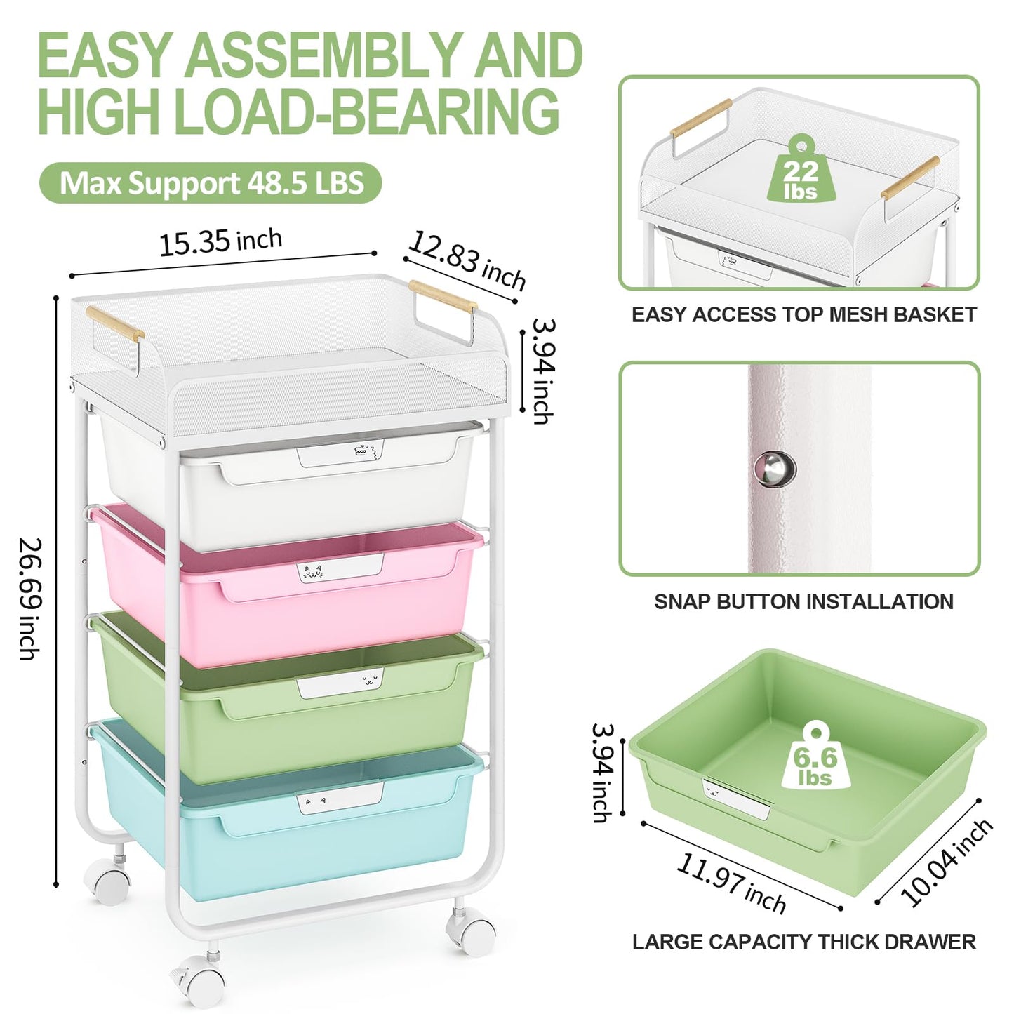 SYKIARIOL Rolling Cart with 4 Drawers,4 Tiers Rolling Utility Cart Craft Cart,Rolling Storage Drawer Cart with Mesh Top,Storage Cart with Drawers & 4 PCS DIY Lable, Classic Colorful
