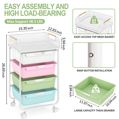SYKIARIOL Rolling Cart with 4 Drawers,4 Tiers Rolling Utility Cart Craft Cart,Rolling Storage Drawer Cart with Mesh Top,Storage Cart with Drawers & 4 PCS DIY Lable, Classic Colorful