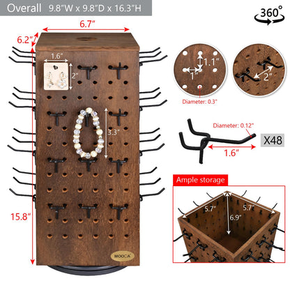 MOOCA Wooden Rotating Four-Sided Pegboard Jewelry Accessories Rack, Rotating Jewelry Display with a Lid for Large Inner Storage Space, 48 Removable Black Hooks, Brown Color