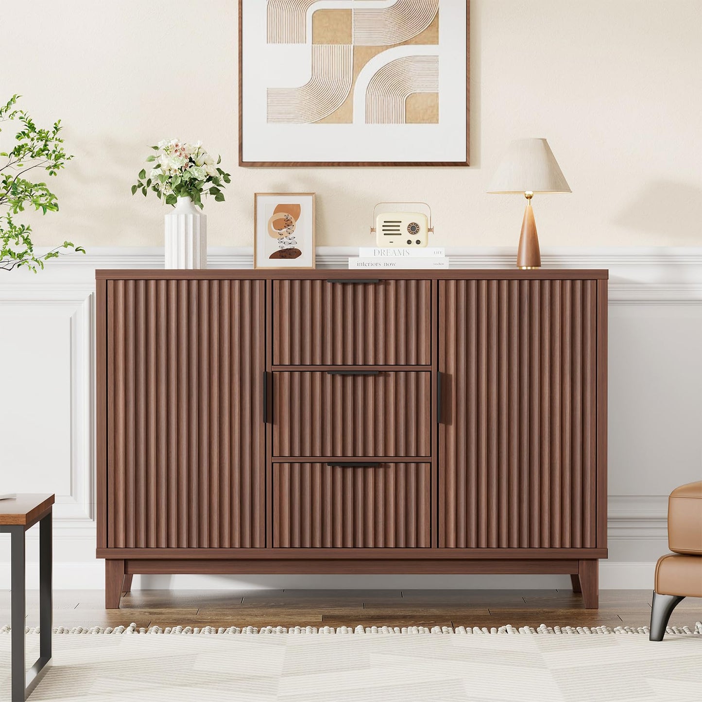 47.2" W Storage Cabinet with 3 Drawers, Fluted Buffet Cabinet with Storage, Large Sideboard with 2 Door, Modern Mid Century TV Stand Coffee Bar Cabinets for Living Room, Kitchen, Entryway