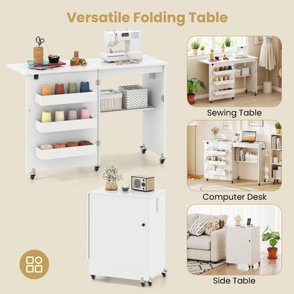 Giantex Folding Sewing Table with Charging Station, Rolling Craft Table with Storage Trays & Shelf, Foldable Sewing Machine Cabinet Desk with Lockable Wheels for Small Spaces (White)