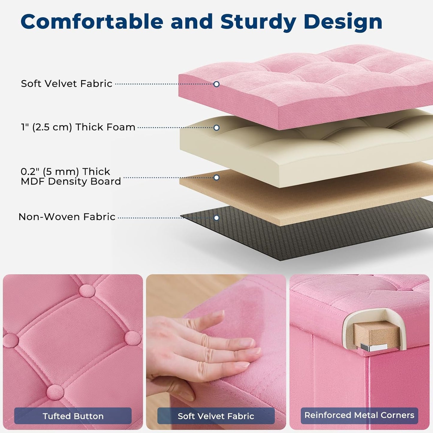 16.1 Inches Storage Ottoman Foldable Small Ottoman Foot Rest Foot Stool Velvet Ottoman with Storage for Living Room