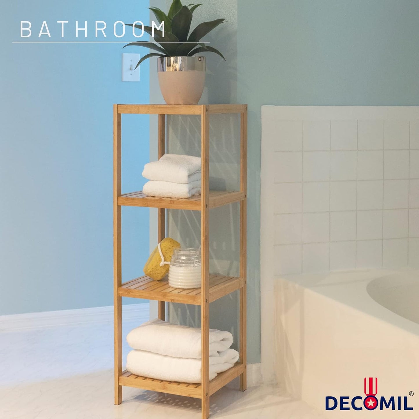 4 DECOMIL - Tier Standing Bamboo Shelf | Freestanding Bathroom Shelf | Multifunctional Storage Rack