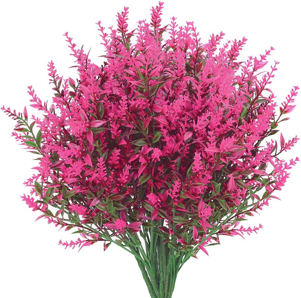 GREENRAIN 8 Bundles Artificial Lavender Flowers, UV Resistant Faux Plastic Plants for Garden, Porch, Window Box Décor