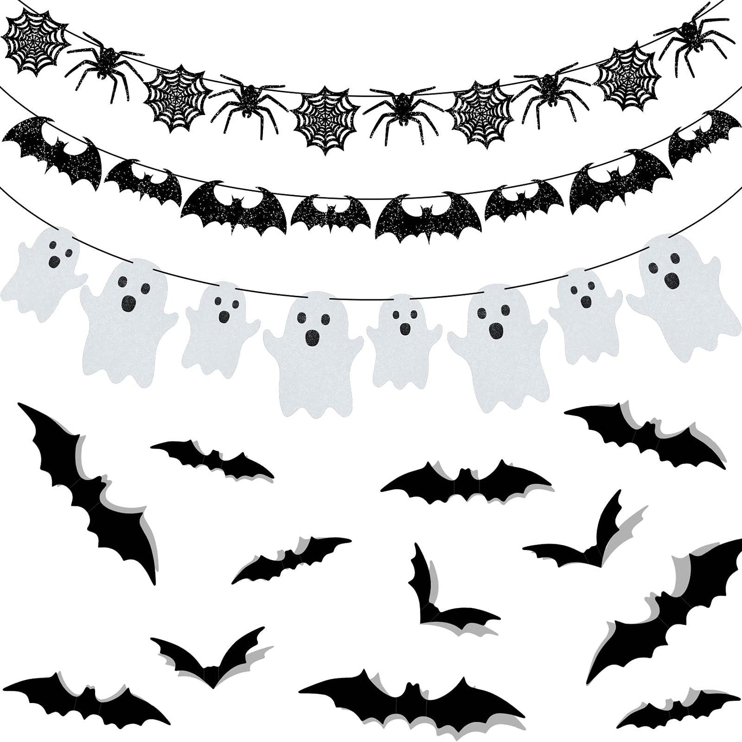 39 Pieces Halloween Decorations Black Glittery Bat Banner Spider Ghost Garland 3D Bat Wall Stickers for Halloween Party Haunted House Decoration Indoor Outdoor Mantel Supplies