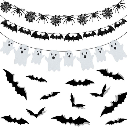 39 Pieces Halloween Decorations Black Glittery Bat Banner Spider Ghost Garland 3D Bat Wall Stickers for Halloween Party Haunted House Decoration Indoor Outdoor Mantel Supplies