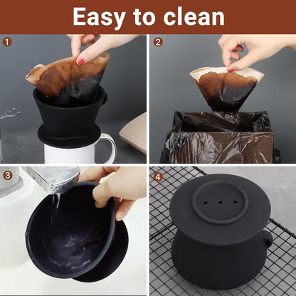 Segarty Pour Over Coffee Maker, Single Cup Black Silicone Dripper Set with 200PCS Cone Filters for Home Travel