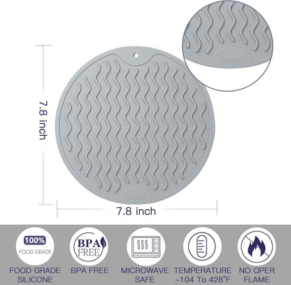 Trivets for Hot Pots and Pans - 4 Pack Silicone Trivet Mats 7.8 inch for Quartz Countertops and Heat Resistance Gray