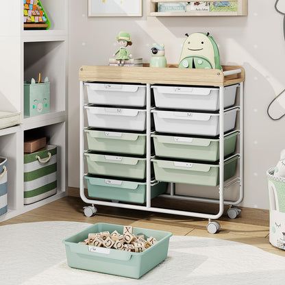 10 Drawers Rolling Cart with Wooden Tabletop, Utility Storage Cart with Wheels, Art Supply Craft Organizer on Wheel with Metal Frame & Handles for Home Office School,Green