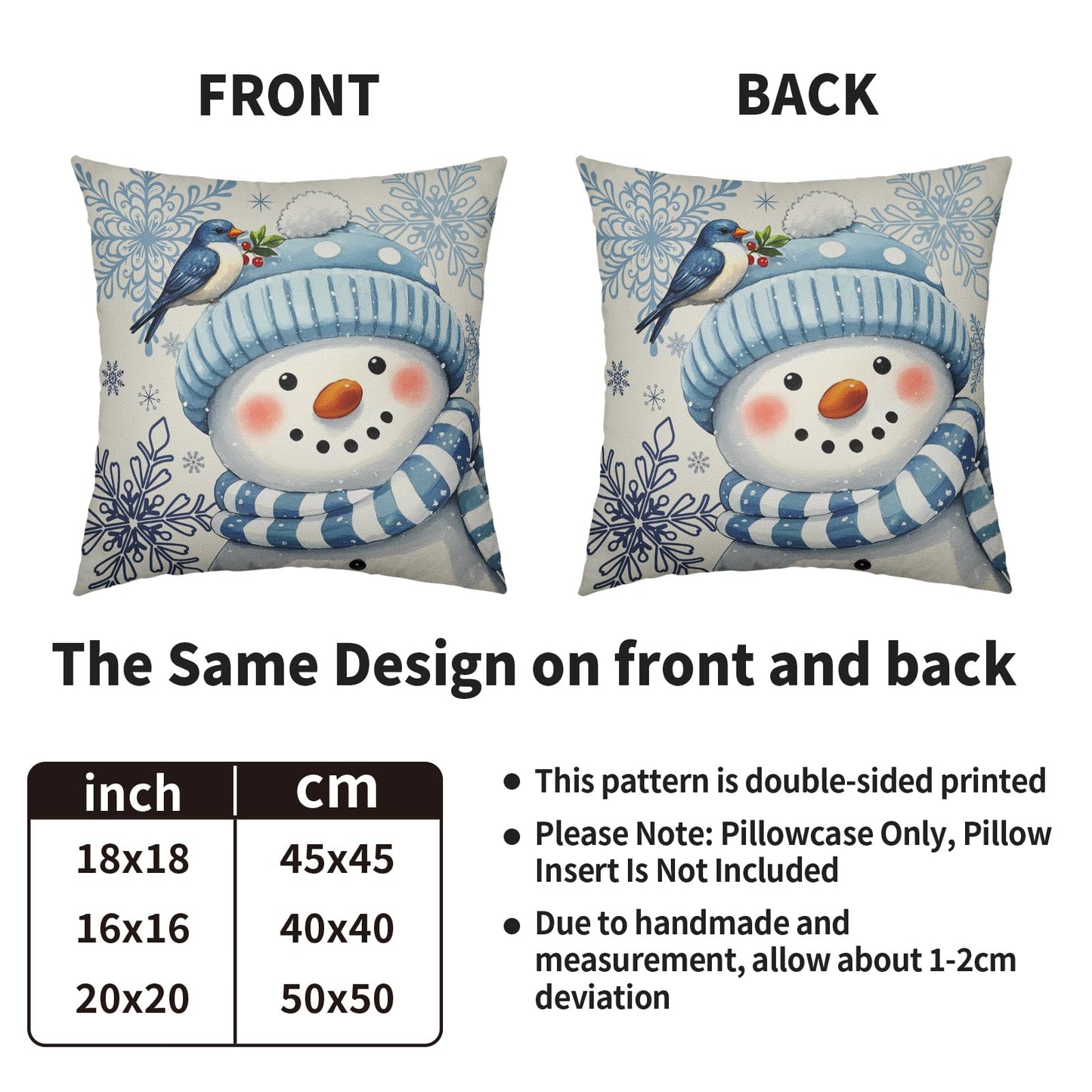 Smozenith Winter Pillow Covers 18X18 Set of 2, Blue Snowman Bird Snowflakes Decorative Throw Pillowcases Outdoor Holiday Seasonal Farmhouse Cushion Cases Couch Sofa Bed Decor