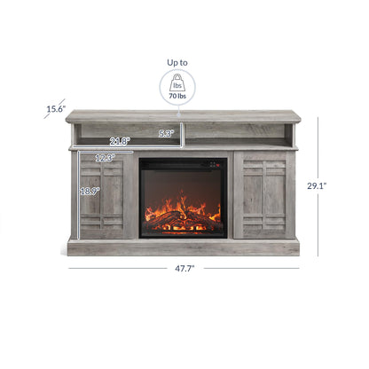 BELLEZE 48" TV Stand with 18" Electric Fireplace Heater, Modern TV Stand for TVs up to 50", Entertainment Media Stand with Open Shelves and Storage Cabinets for Living Room, Bedroom (Grey Wash)