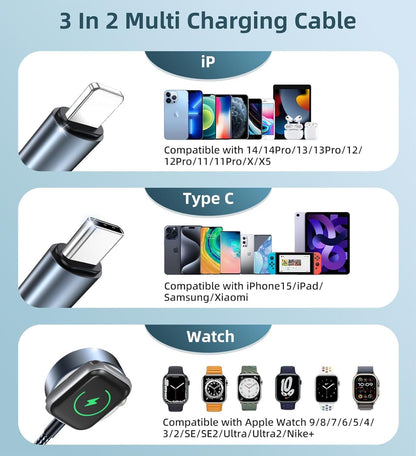 Upgraded Travel Essentials for Apple Watch Charger 3 in 2 Multi Charging Cable for iPhone 17 iWatch Charger USB C Cord, Car RV Camping Essentials Compatible with iWatch Ultra/SE/11 & iPhone 16/15-12