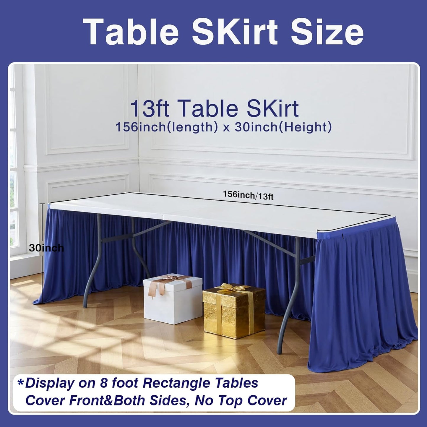 156inch 8ft(Cover 13ft Royal Blue Polyester Table Skirts for Rectangle Tables Front&Both Sides), Wrinkle Free Pleats