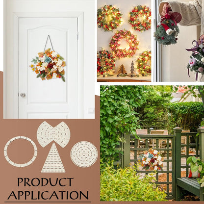 FINGERINSPIRE 4 Styles Wooden Wreath Frames for Craft Circular Wooden Wreath Boards Christmas Tree Shaped Macrame Flower Boards for Mesh Wreath Form Bow Shaped DIY Wreath Decor Supplies for Christmas