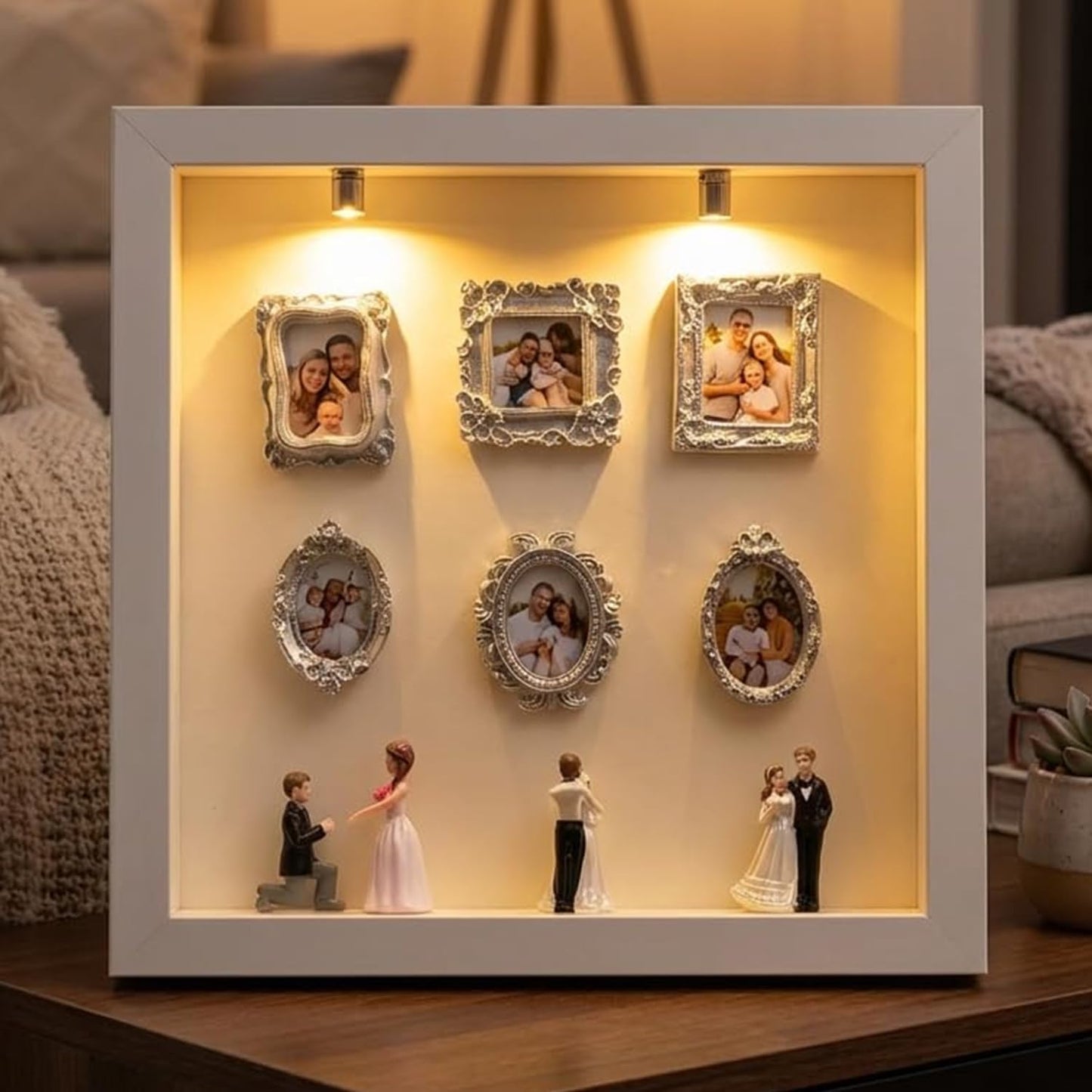 AHFYDX DIY Mini Frames Silhouette Box, Shadow Box Frame with 6 DIY Frames，2 Lights and 4 Dolls, Customizable Design, Warm Style, Sentimental Gift for Family and Couples（White-Acrylic Front pane）