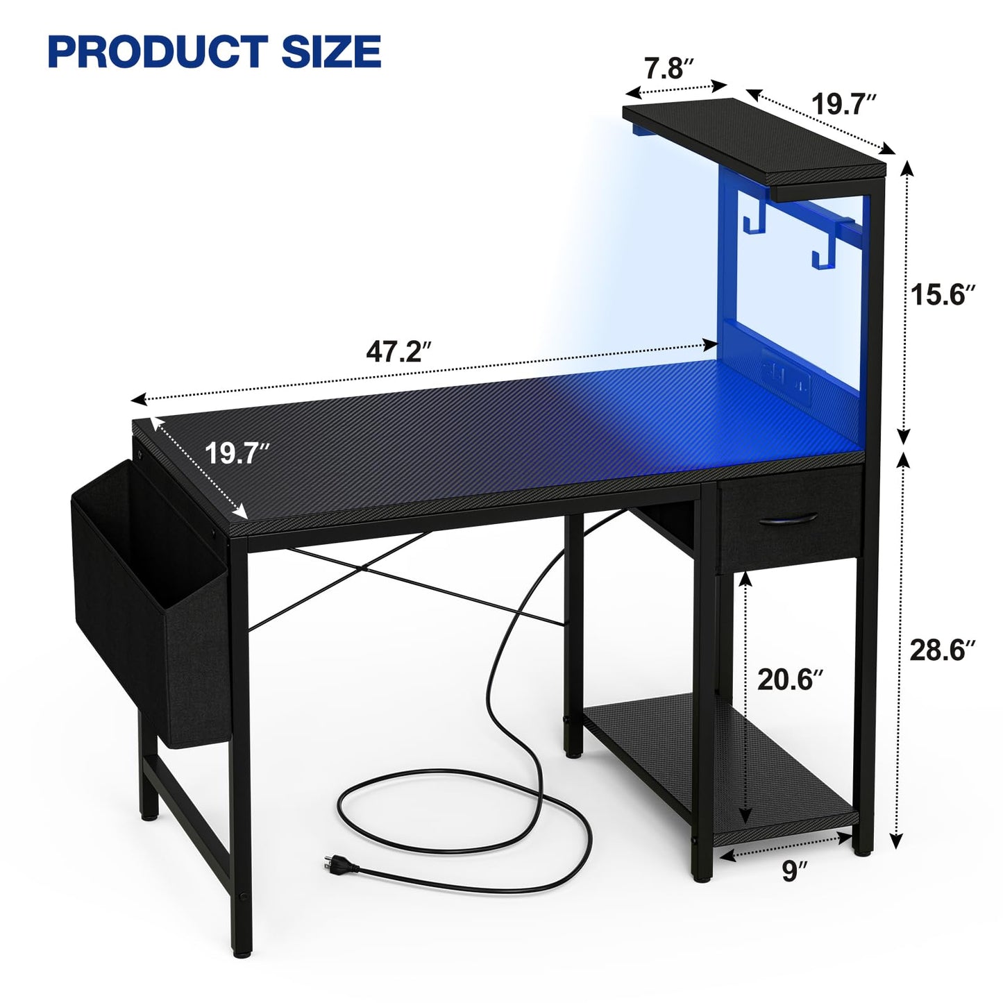 Grandder Gaming Desk 47 Inch with Power Outlet and LED Light, Computer Desk with Reversible Shelves and Storage Drawer, Pc Small Desk for Home Office Table with Bag, Carbon Fiber Black
