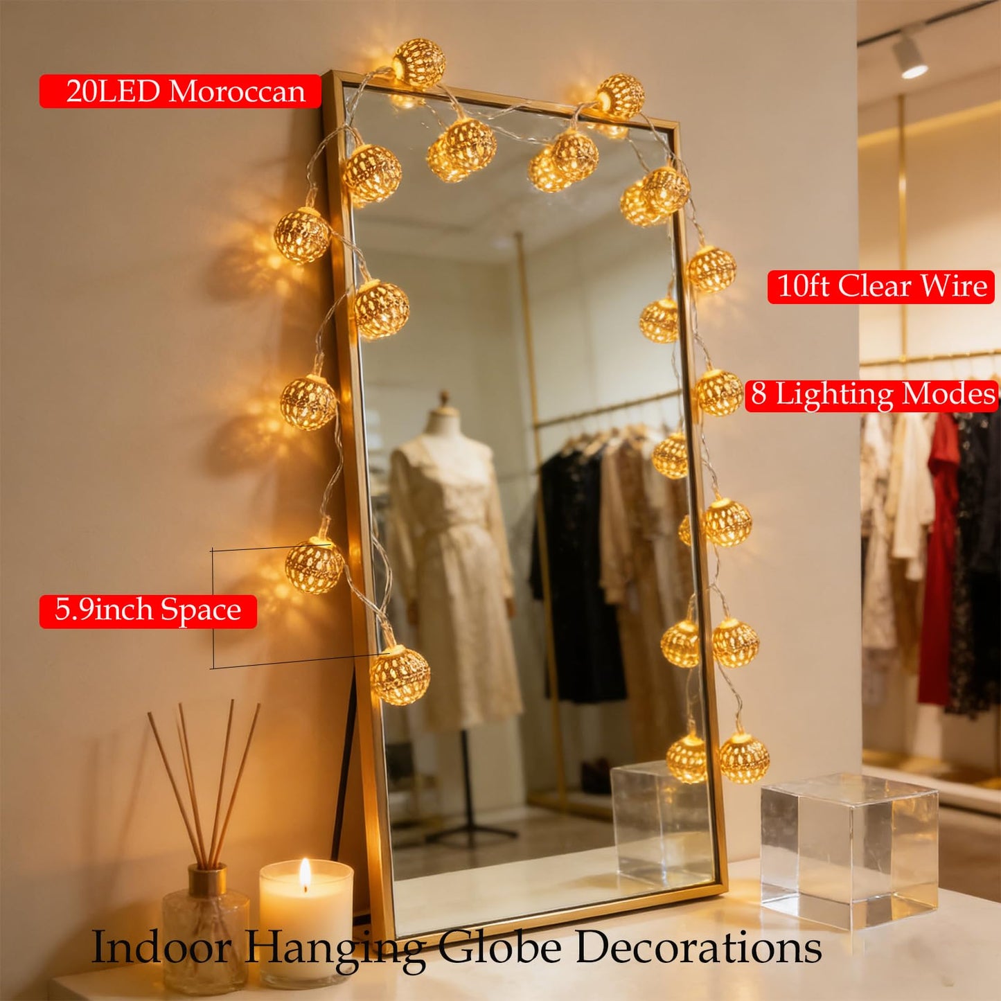 USB & Battery Operated Pattern Lanterns String Lights, Decorative Fairy Boho Light for Home Bedroom, 9.8ft 20 LED Gold Moroccan Globe Diwali Decoration for Christmas Birthday Party (Warm White)