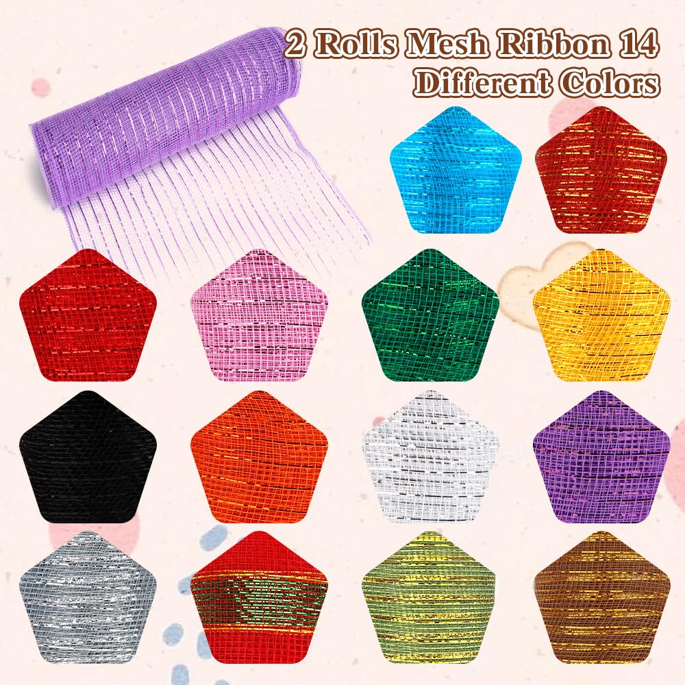 2 Rolls Purple Deco Mesh Ribbon for Wreath Making Supplies, Halloween Decor 10inch x 30 feet Each Roll Metallic Foil for Fall Wreaths Christmas Tree Ribbon Home Party Decor