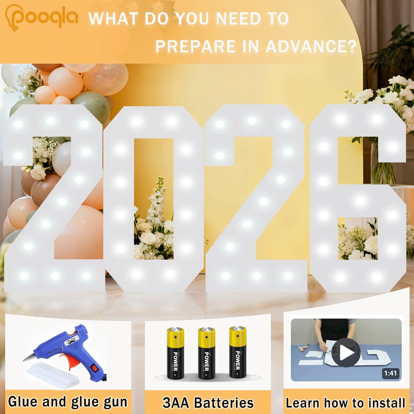 Pooqla 2.4FT Light Up Numbers, Marquee Numbers 2.4 Feet Tall Party Decor for Her Him, Mosaic Big Sign for 3rd 13th 30th Birthday Anniversary Decoration Backdrop, Cool White and Warm White Number 3