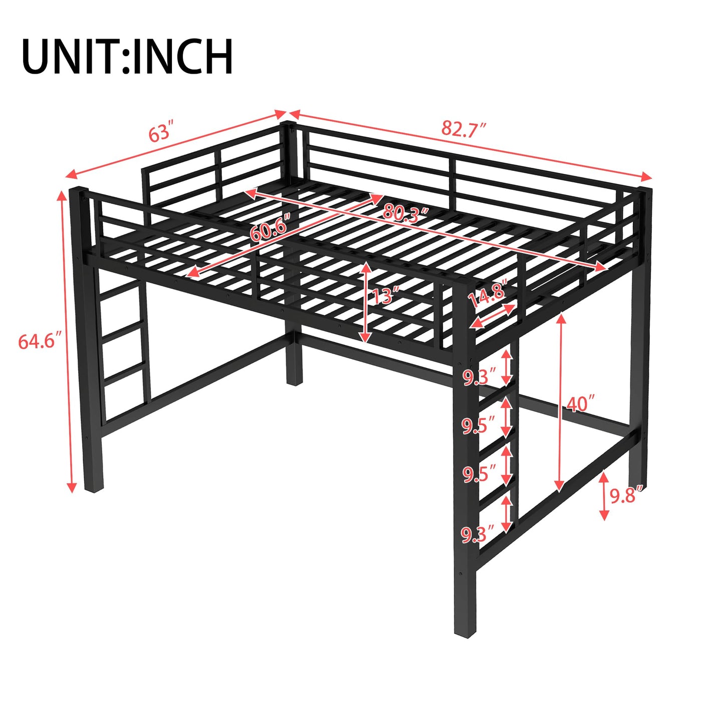 Bellemave Loft Bed Queen Size, Heavy Duty Loft Bed Frame with 2 Build in Ladder and Full Length Guardrail, Easy Assemble, Noise Free Design, No Box Spring Needed, Black