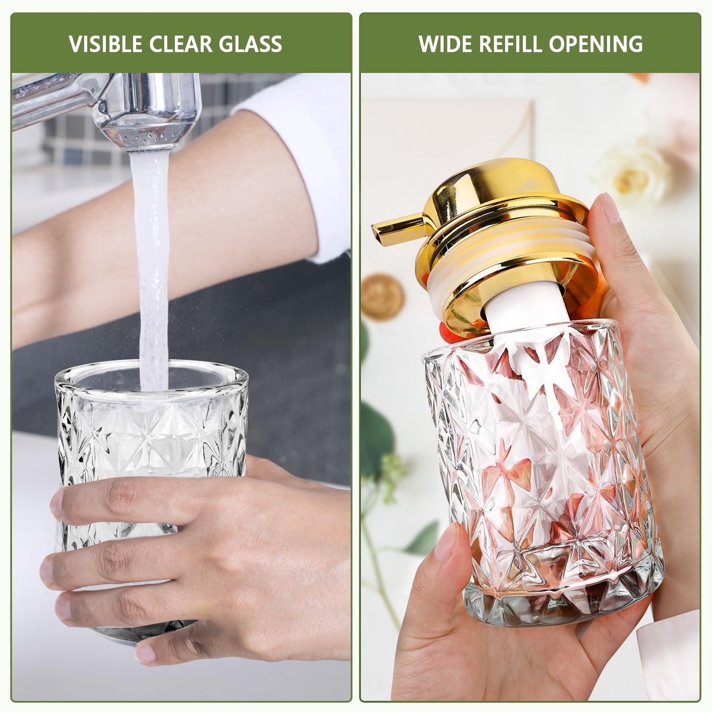 Abriclo Glass Foaming Soap Dispenser 2 Pack Refillable Foaming Hand Soap Dispenser with Gold Large Pump Wide Opening for Bathroom Kitchen Countertop Modern Home Decor with Elegant Pattern, Transparent