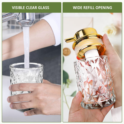 Abriclo Glass Foaming Soap Dispenser 2 Pack Refillable Foaming Hand Soap Dispenser with Gold Large Pump Wide Opening for Bathroom Kitchen Countertop Modern Home Decor with Elegant Pattern, Transparent