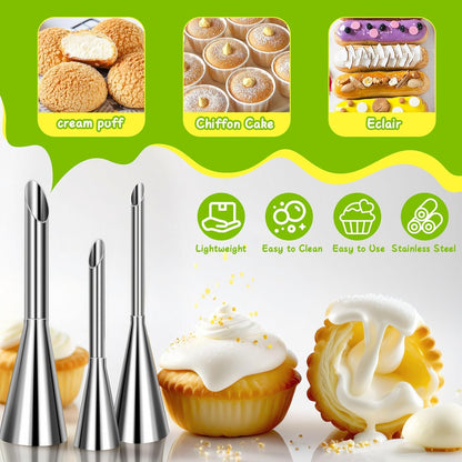Suuker 3 Pieces Stainless Steel Cream Piping Tips - Long Nozzle Decor for Pastry Icing and Decorating