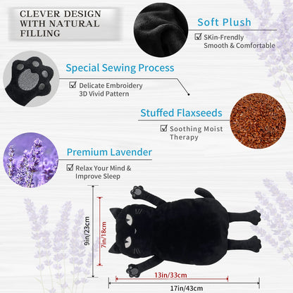 Large Microwave Heating Pad with Washable Cover 21 * 12" Microwavable Heating Pads for Cramps, Back, Neck Shoulder Pain Relief, Cordless Weighted Moist Heat Pack, Black Cat